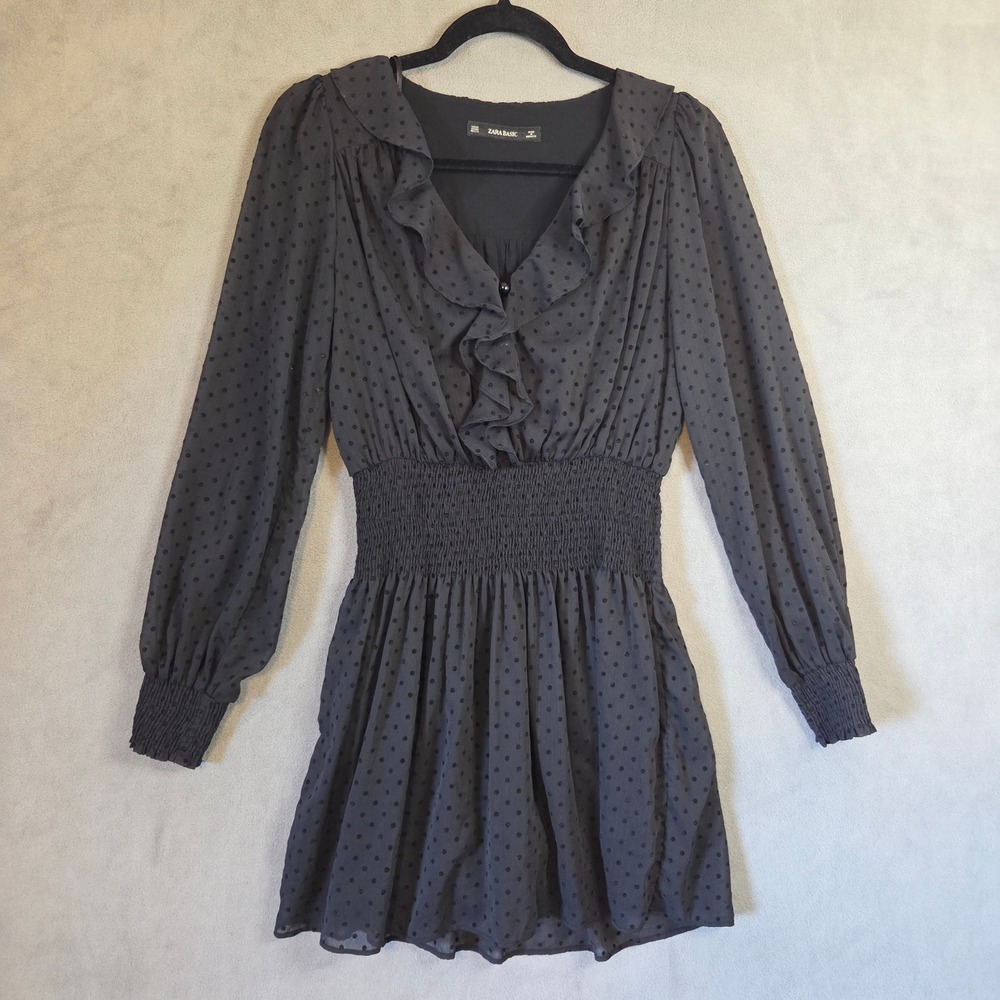 Zara Basic Swiss Dot Sheer Mini Dress Women XS Ruffle Smocked Victorian Gothic